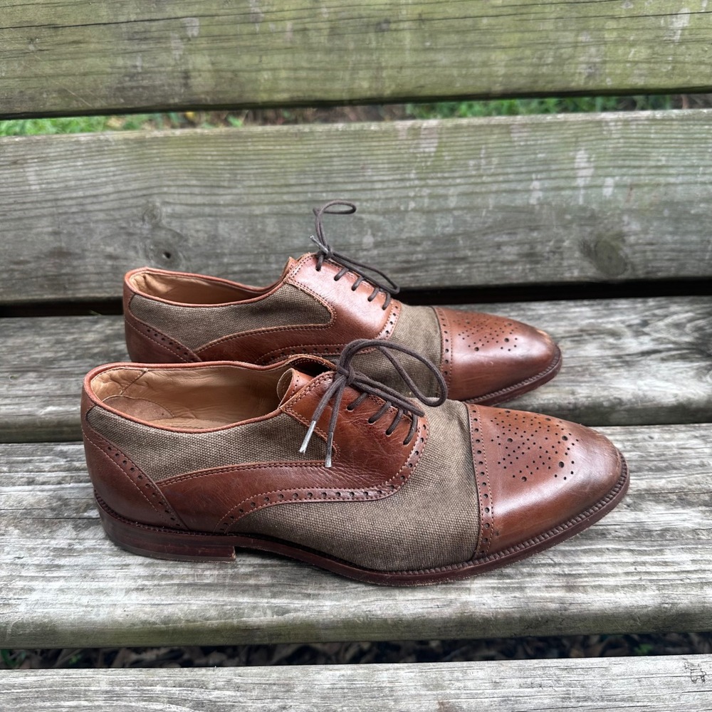Flag Ltd. Hamilton Brown Leather Canvas Cap Toe Brogue Oxford Dress Shoes Sz 8.5
